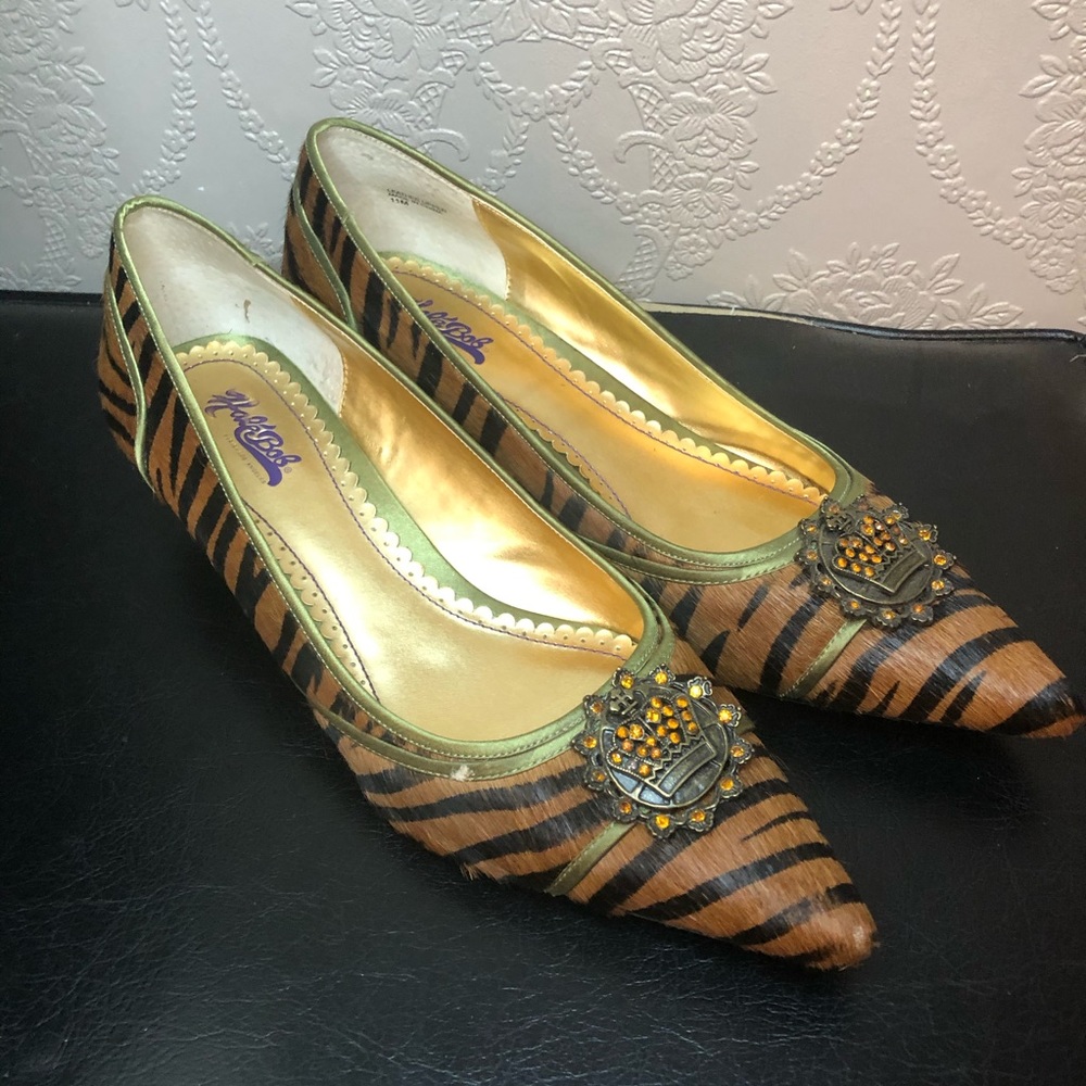 Hale Bob Fur kitten heels shoes zebra Vintage